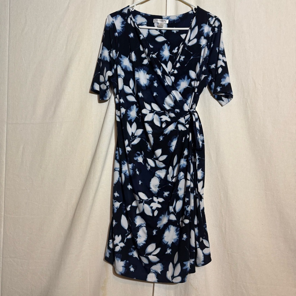 Motherhood // blue, white floral print on black background wrap dress size L ap2
